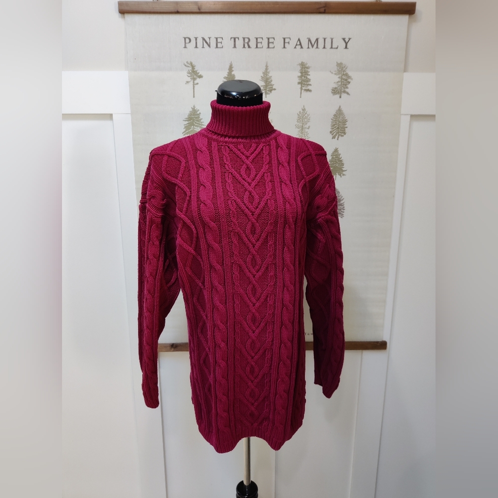 Vintage Quick Reflex Burgandy Cable Knit Turtleneck Sweater Cotton L